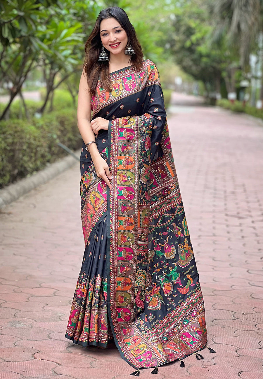 Jade black pashmina kashmiri silk zari woven saree