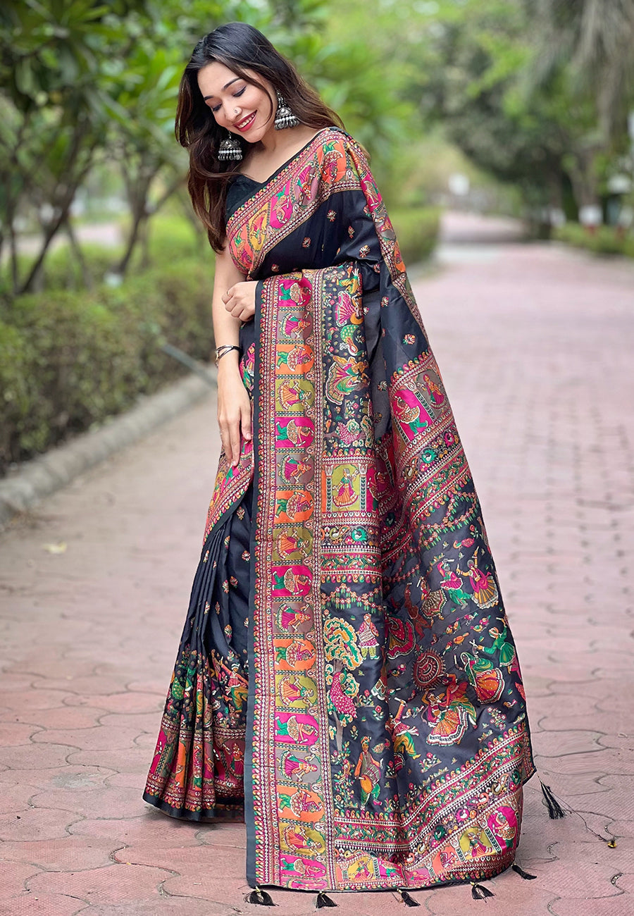 Jade black pashmina kashmiri silk zari woven saree