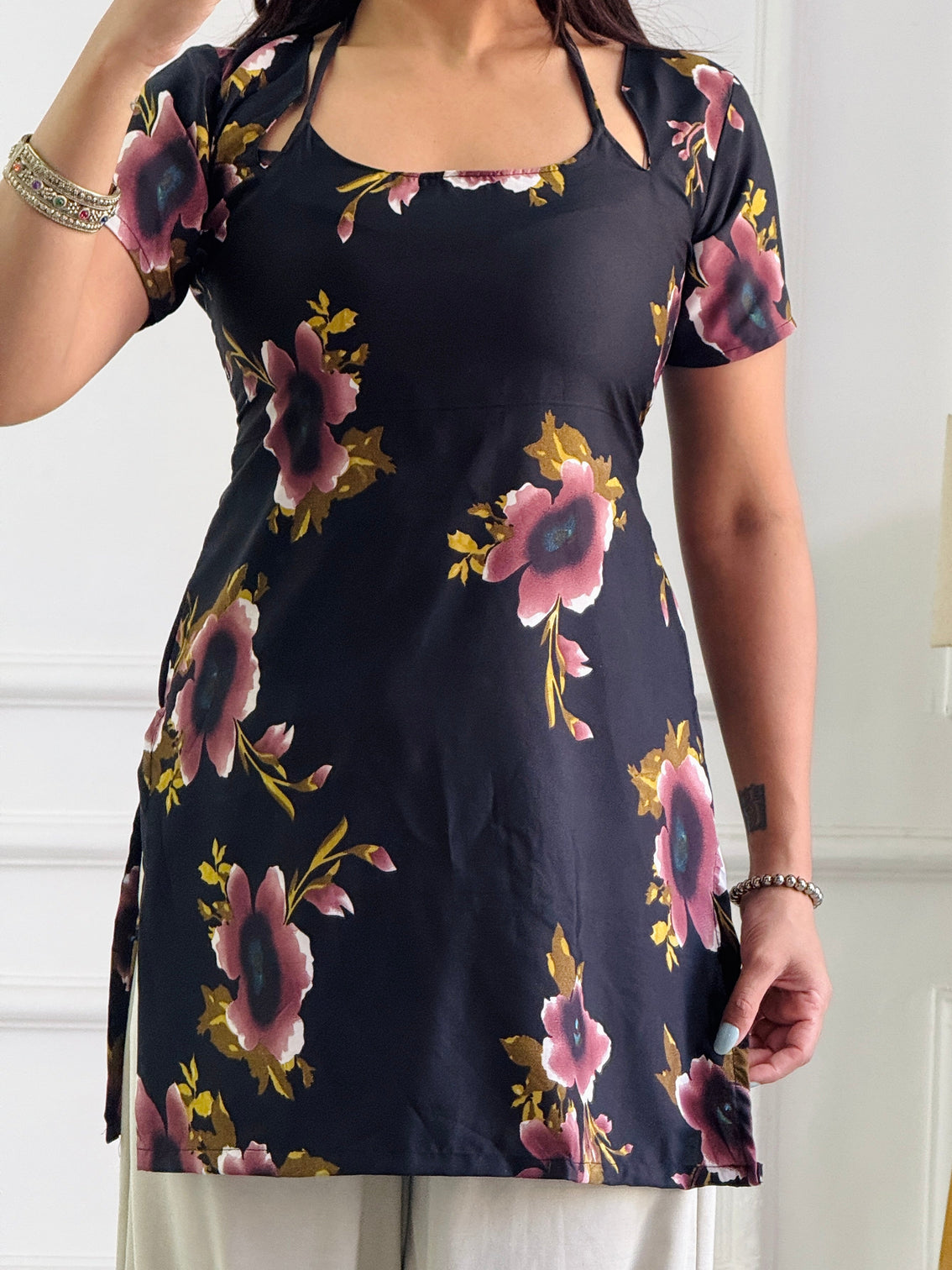 Burgundy black floral tunic with adjustable corset back