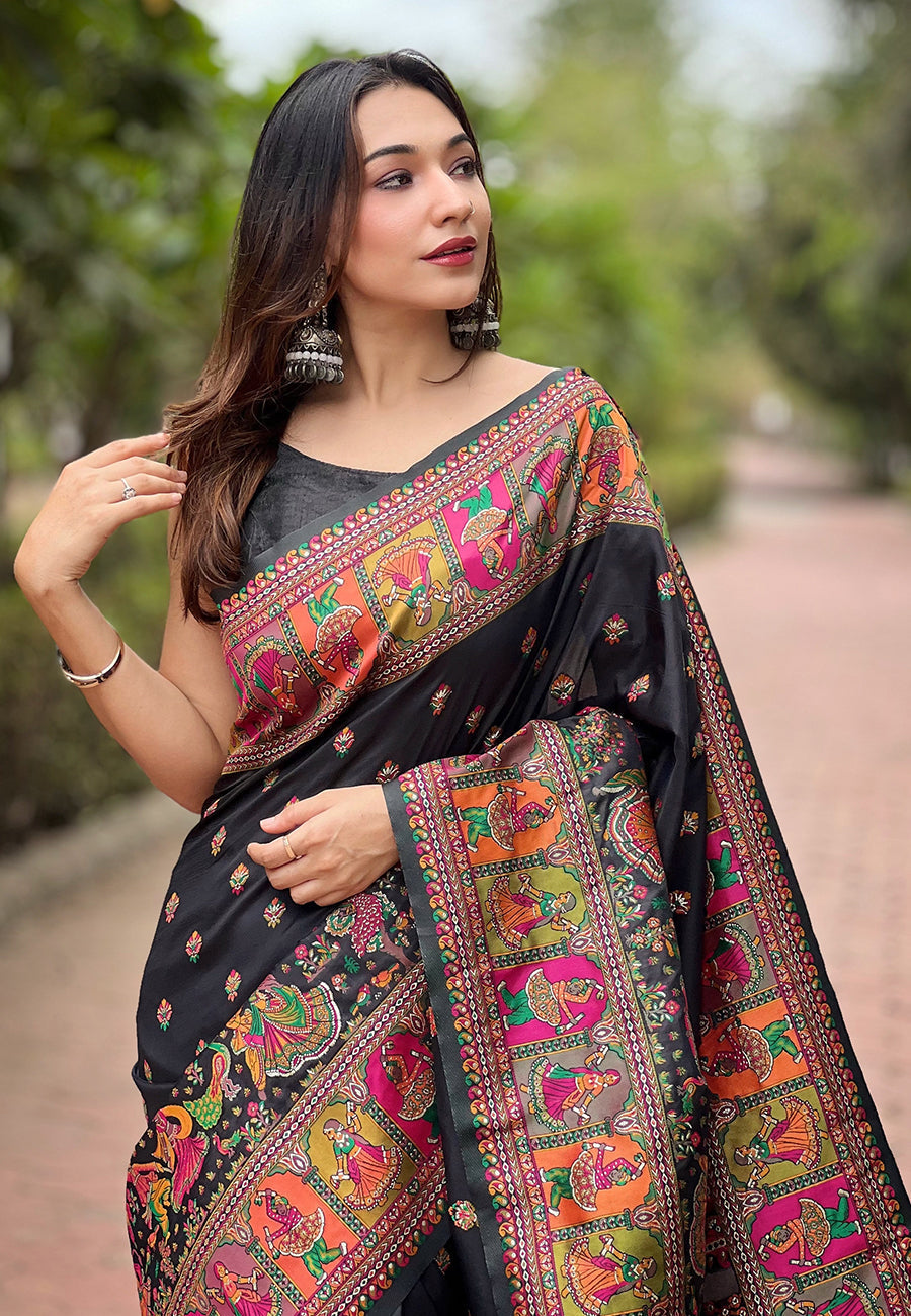 Jade black pashmina kashmiri silk zari woven saree