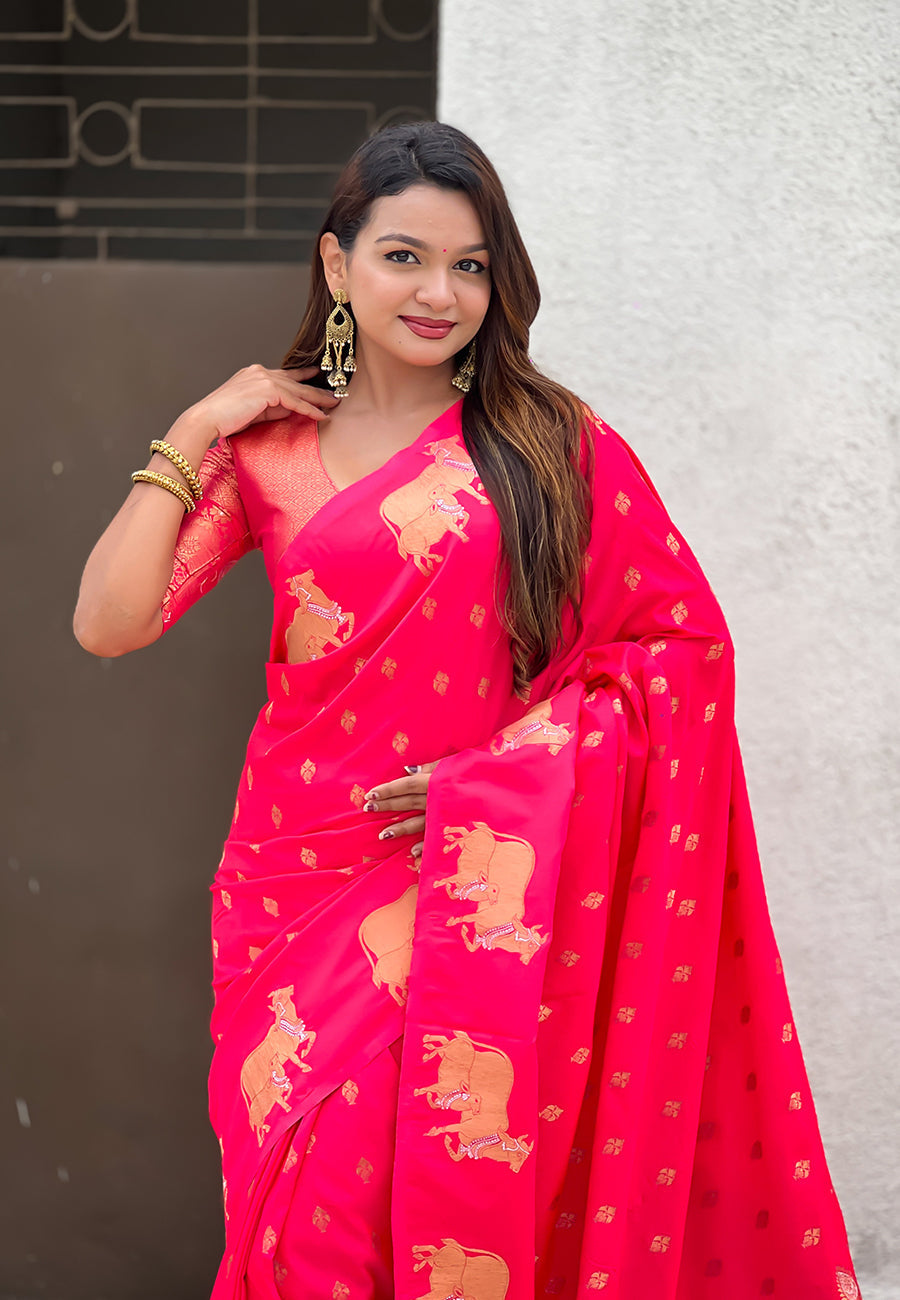Pink soft silk dual zari woven saree with nandi border