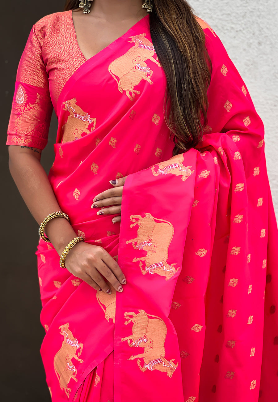 Pink soft silk dual zari woven saree with nandi border