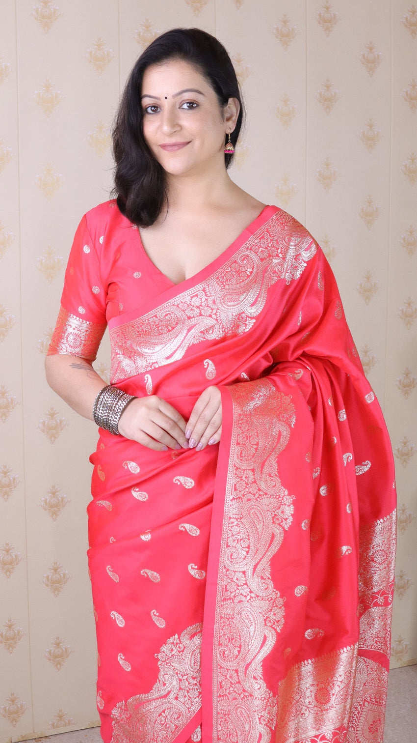 Pink banarasi soft silk silver zari woven saree