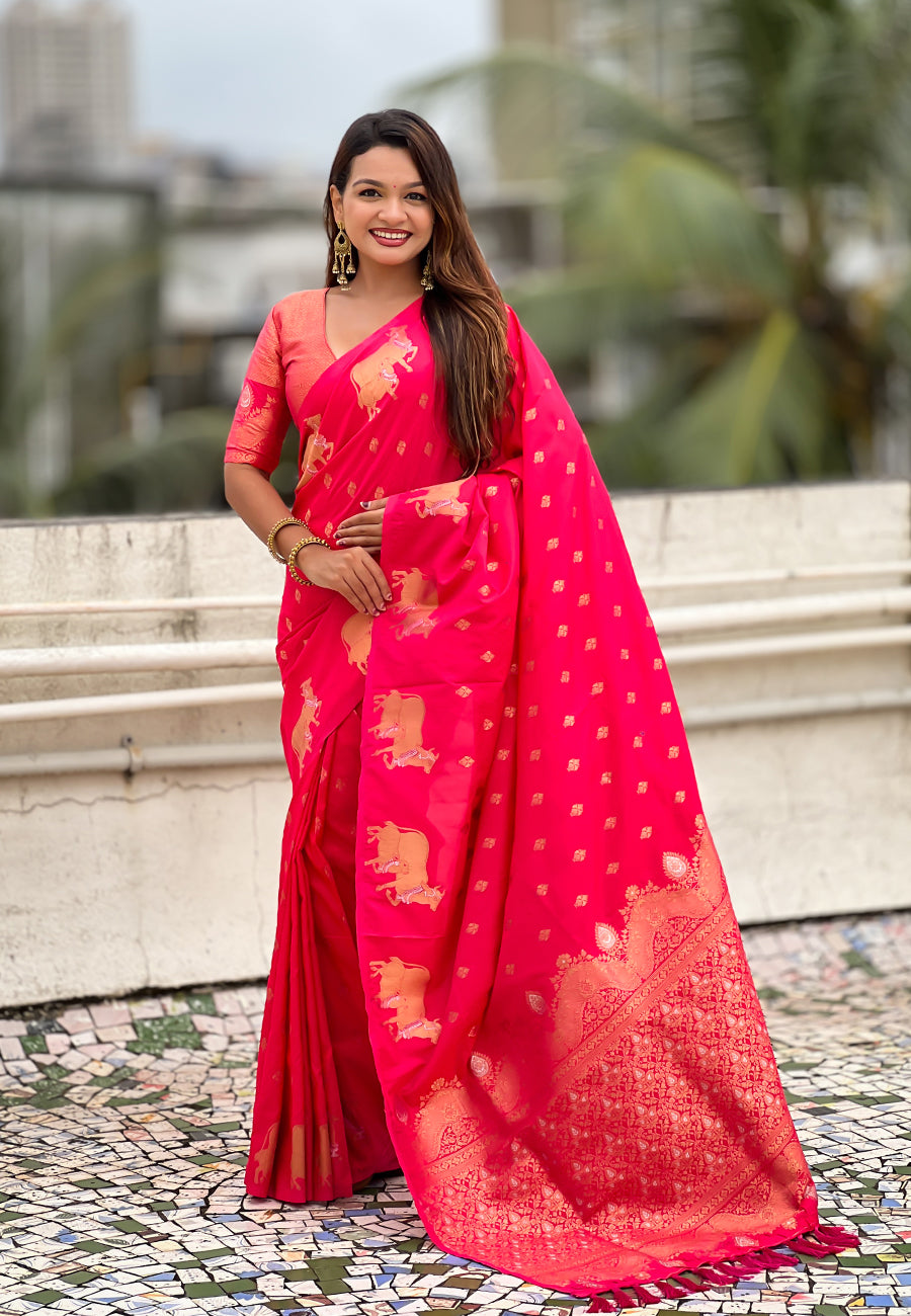 Pink soft silk dual zari woven saree with nandi border