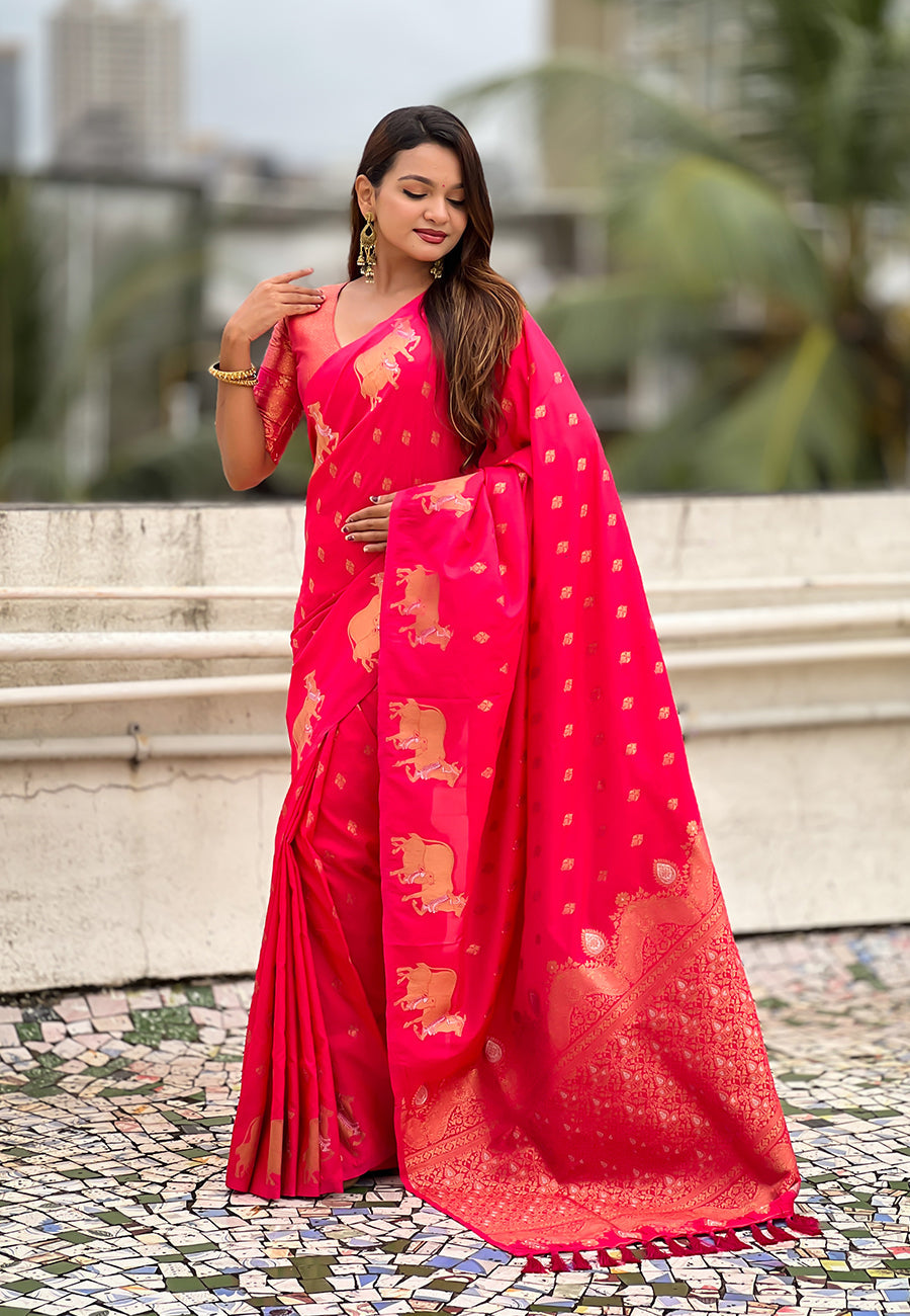 Pink soft silk dual zari woven saree with nandi border