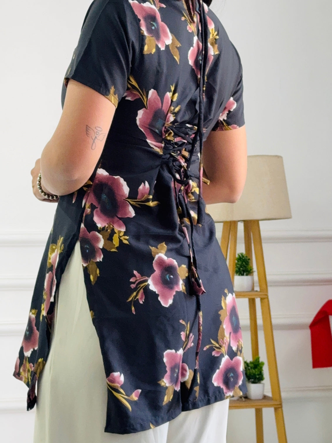 Burgundy black floral tunic with adjustable corset back