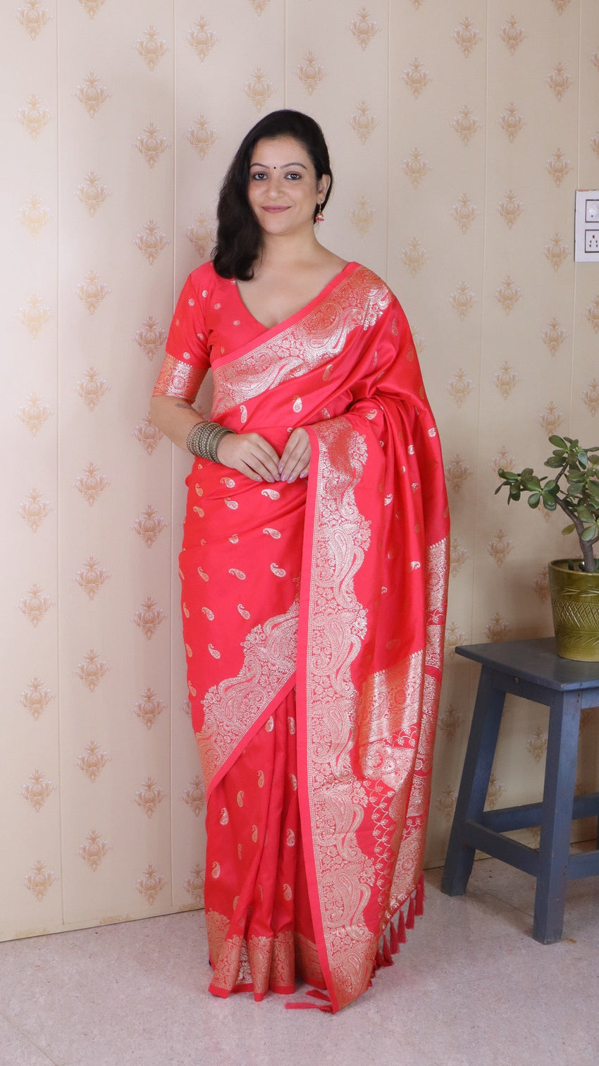 Pink banarasi soft silk silver zari woven saree
