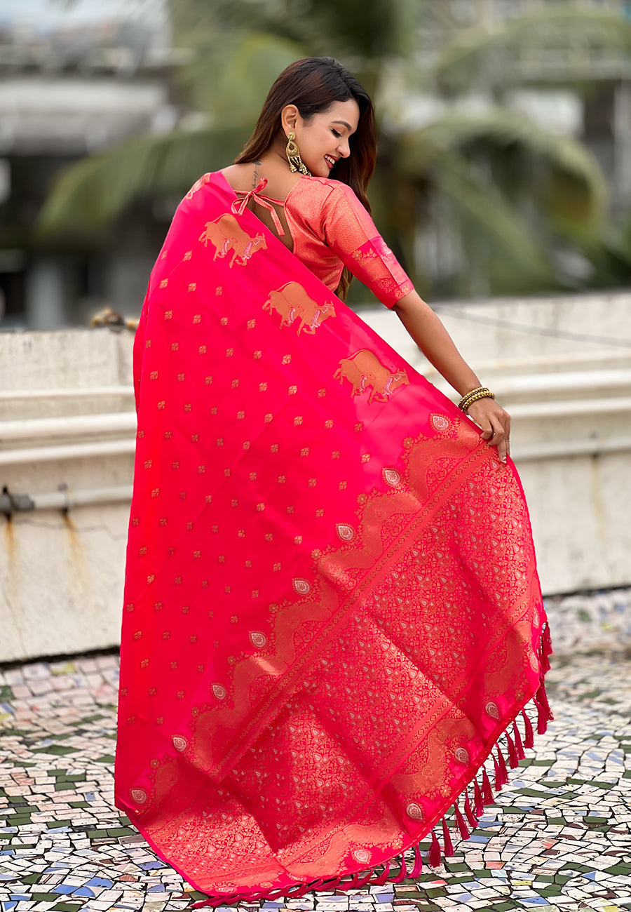 Pink soft silk dual zari woven saree with nandi border