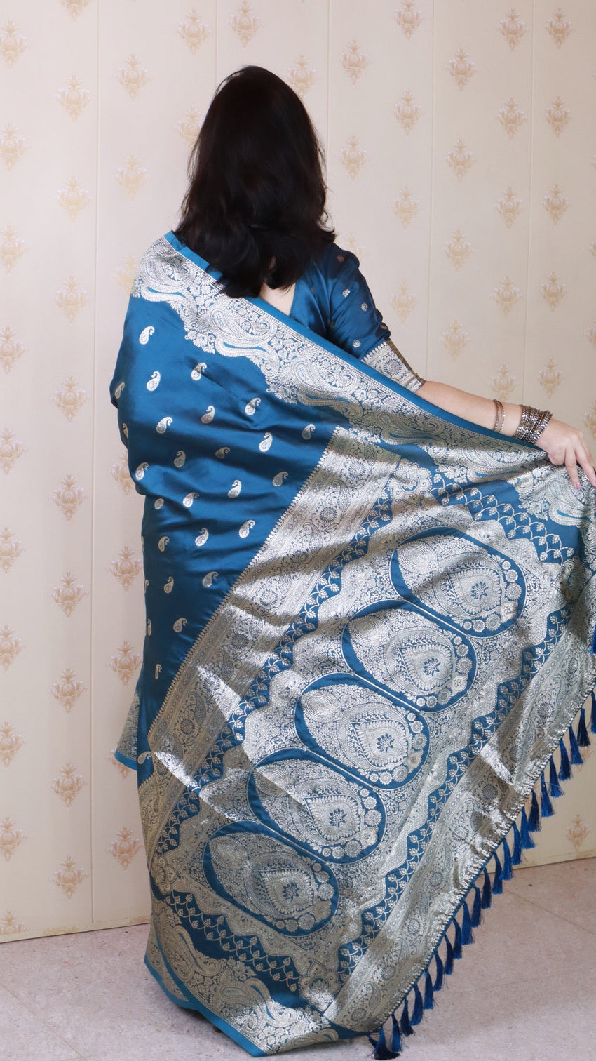 Blue banarasi soft silk silver zari woven saree