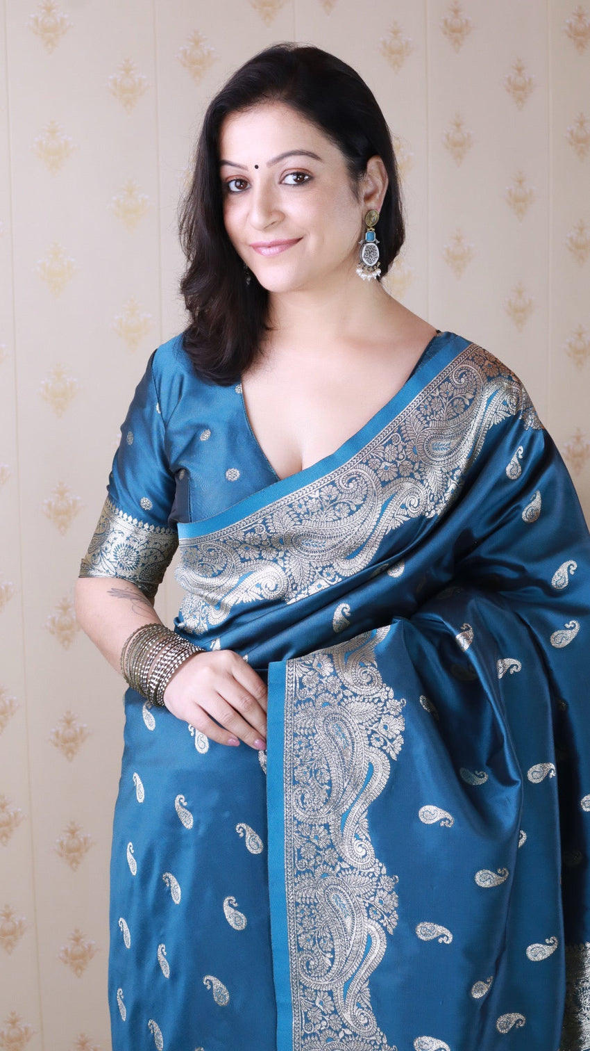 Blue banarasi soft silk silver zari woven saree