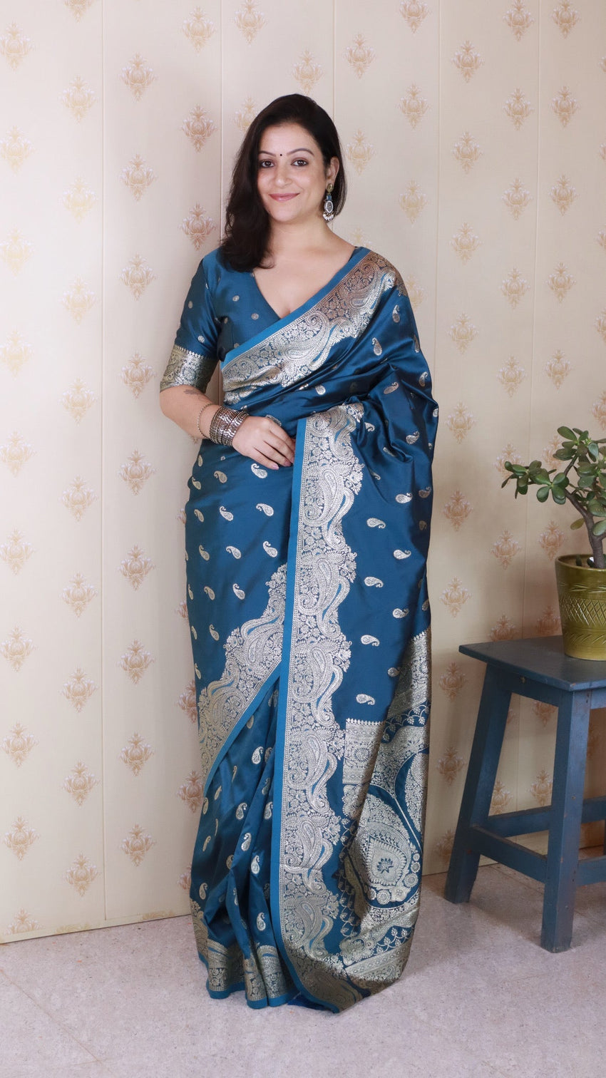 Blue banarasi soft silk silver zari woven saree
