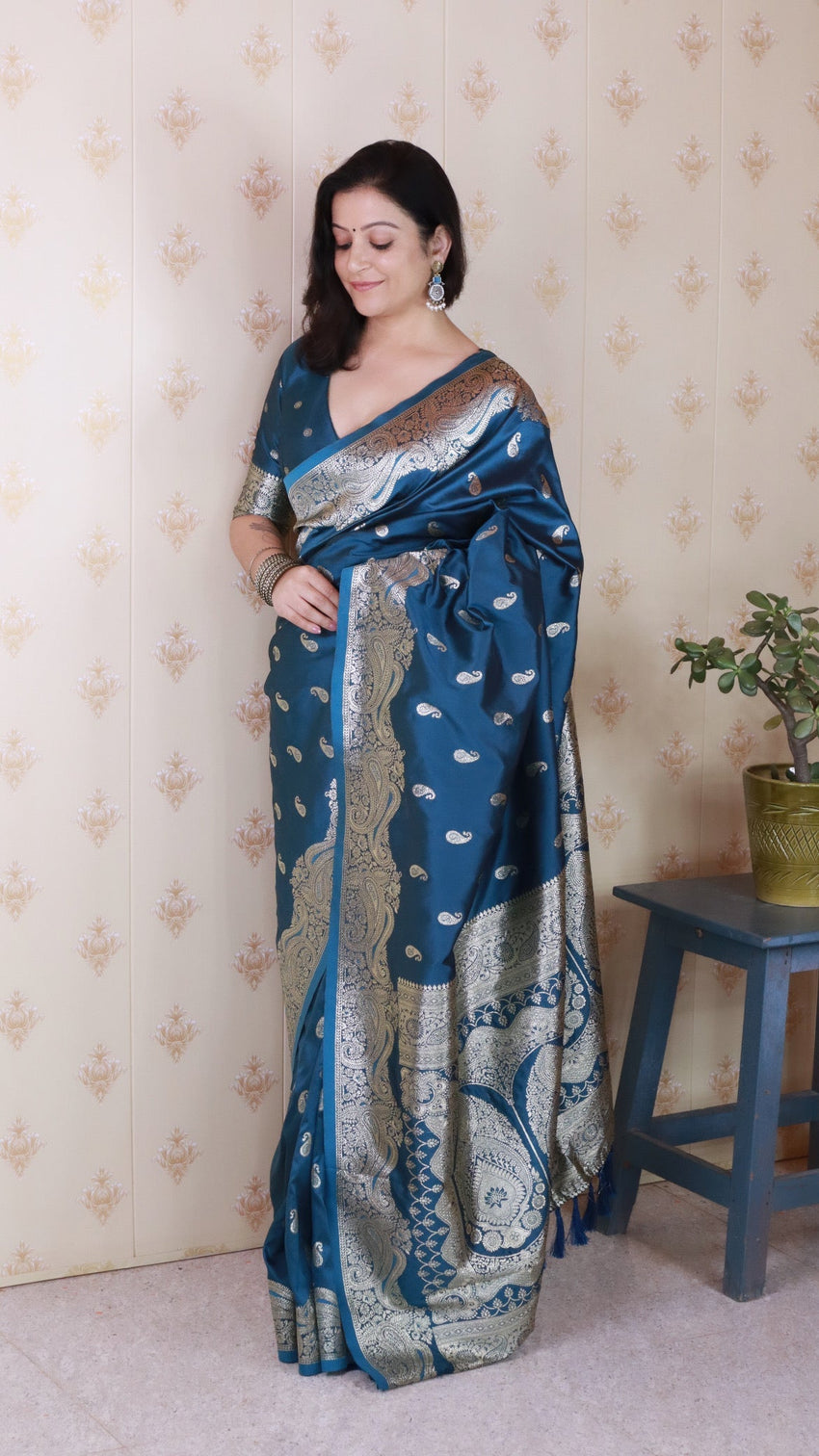 Blue banarasi soft silk silver zari woven saree