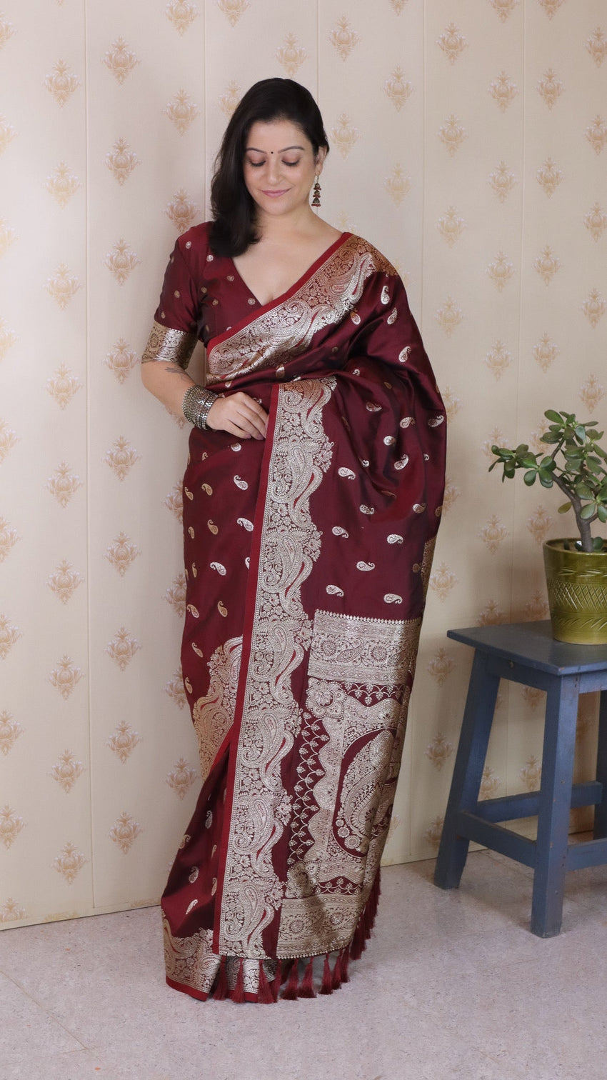 Maroon banarasi soft silk silver zari woven saree