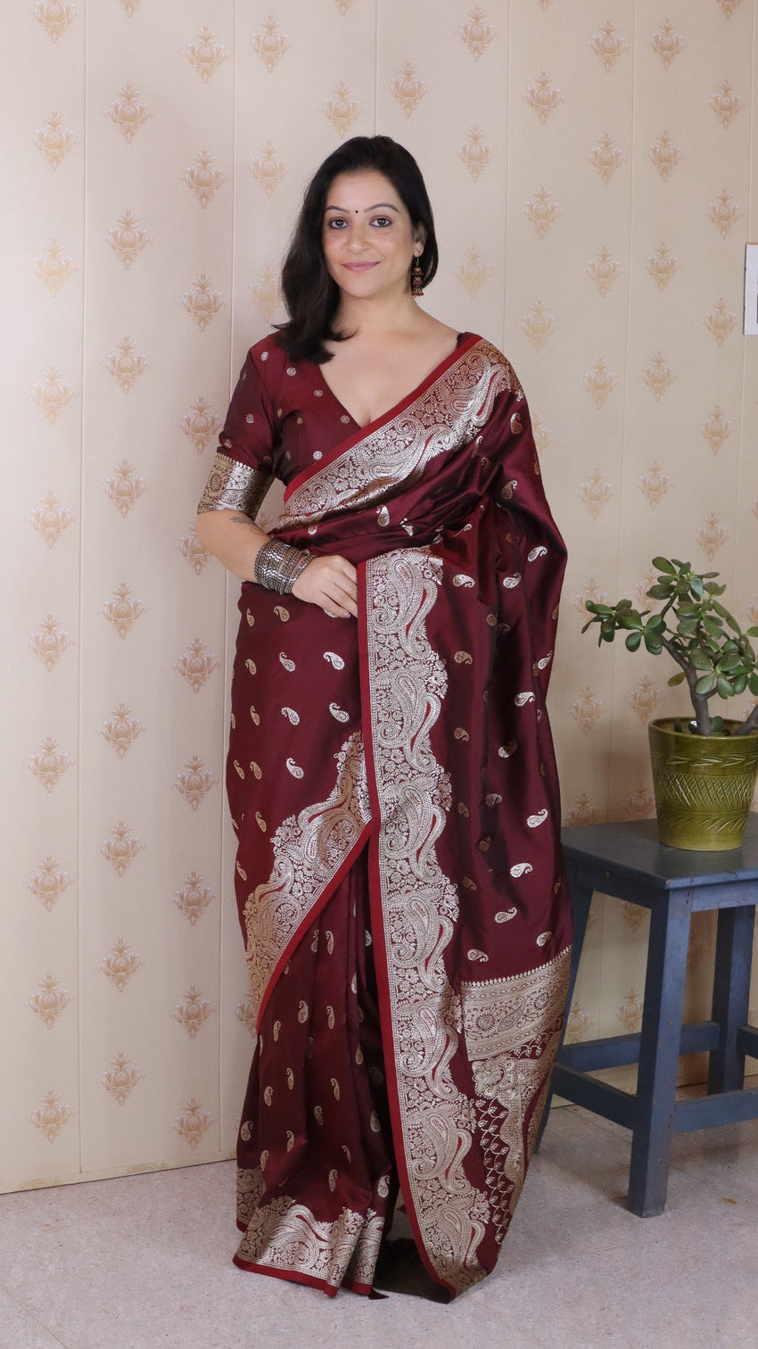 Maroon banarasi soft silk silver zari woven saree