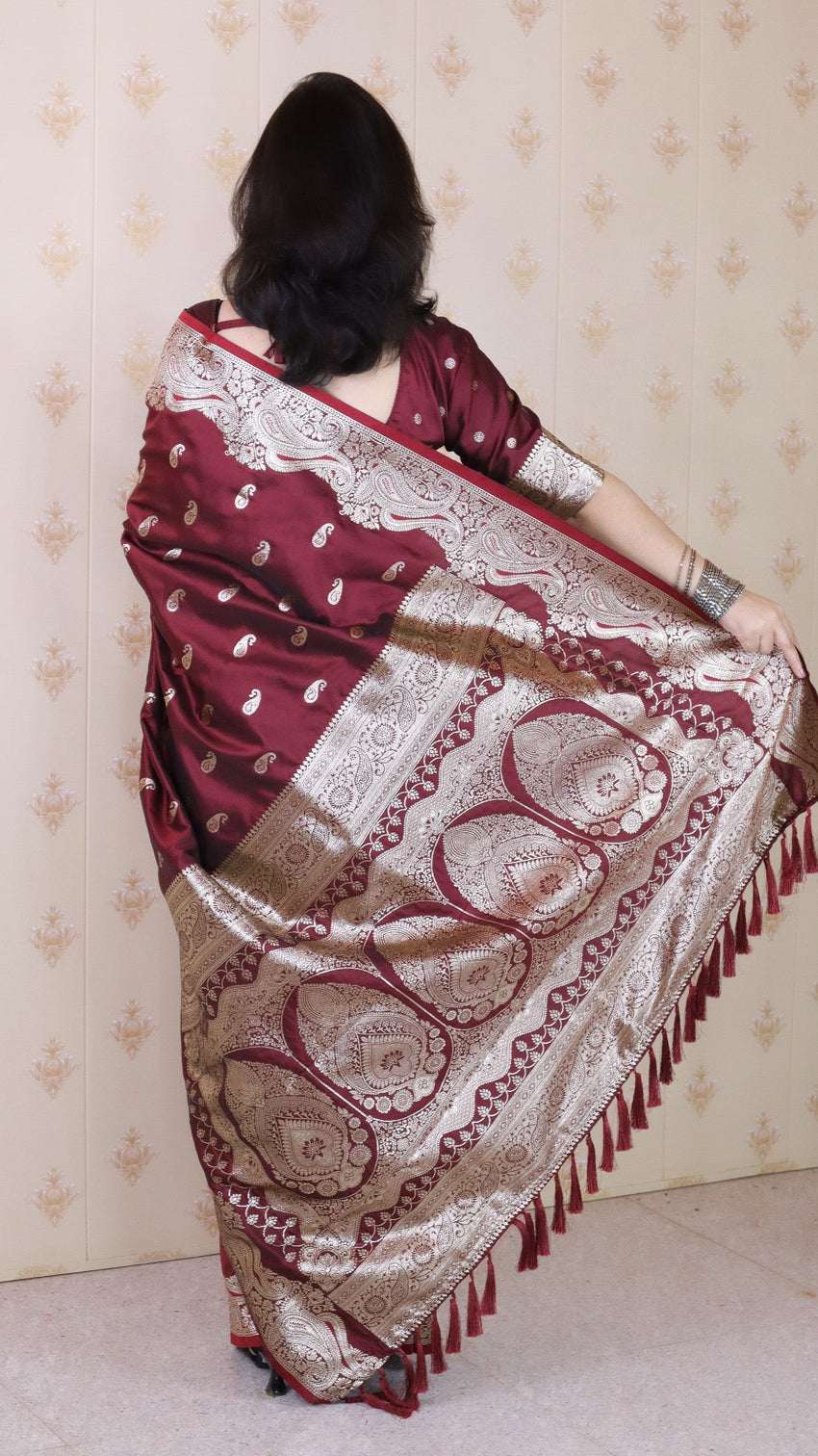 Maroon banarasi soft silk silver zari woven saree