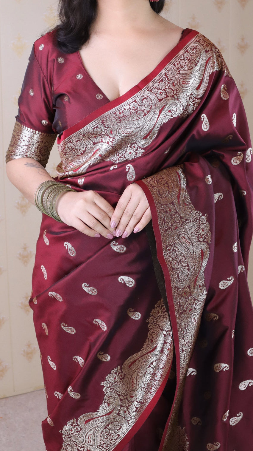 Maroon banarasi soft silk silver zari woven saree