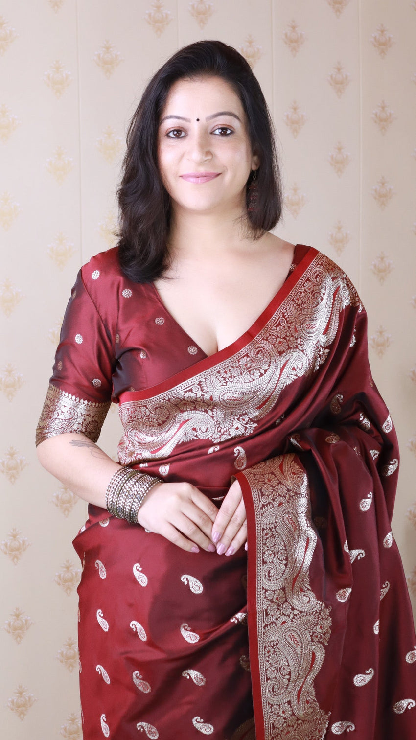 Maroon banarasi soft silk silver zari woven saree