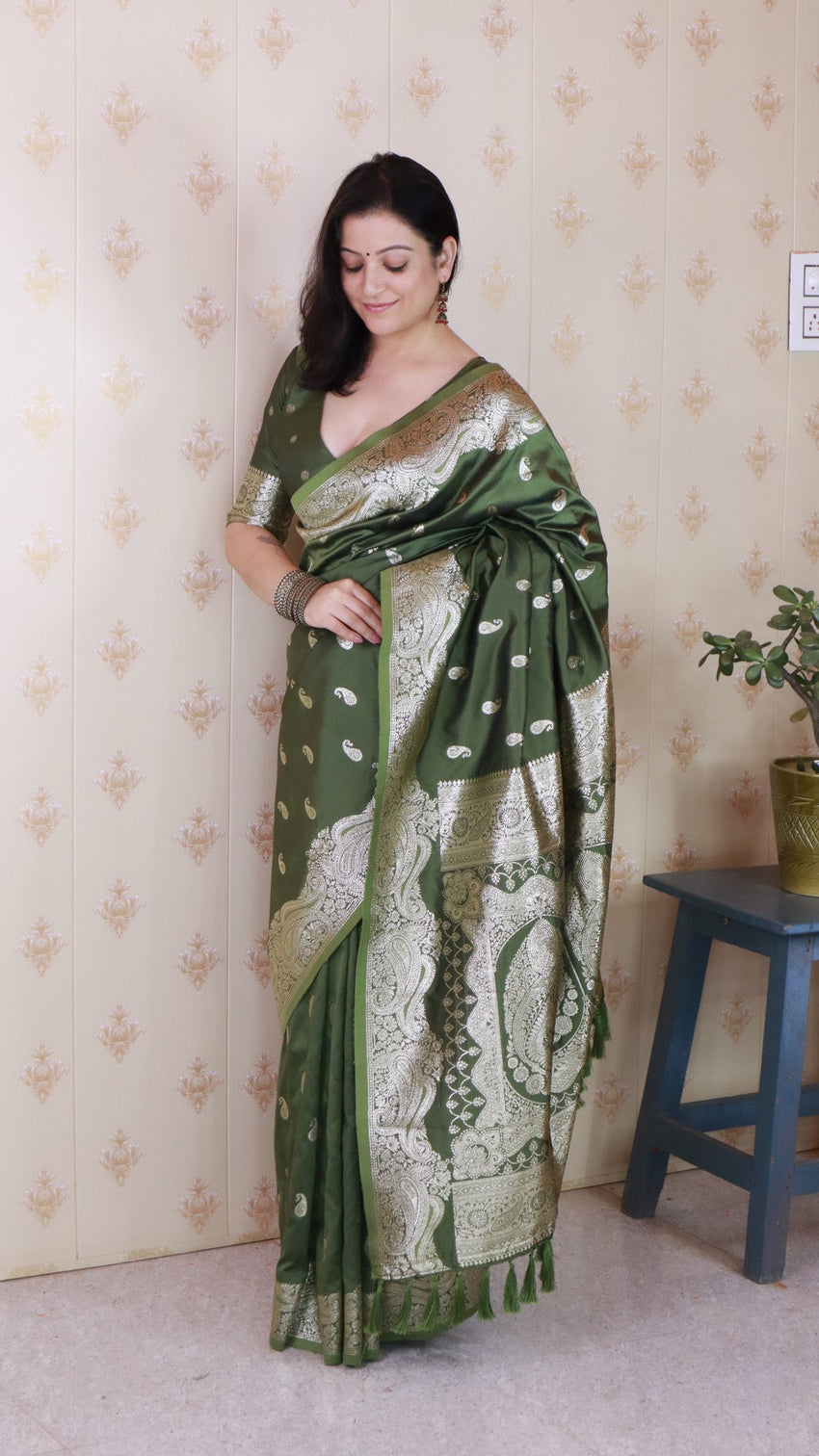 Mehendi green banarasi soft silk silver zari woven saree