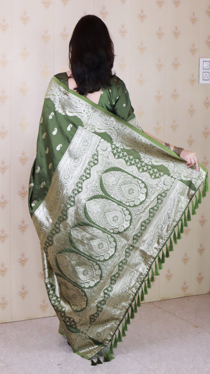 Mehendi green banarasi soft silk silver zari woven saree
