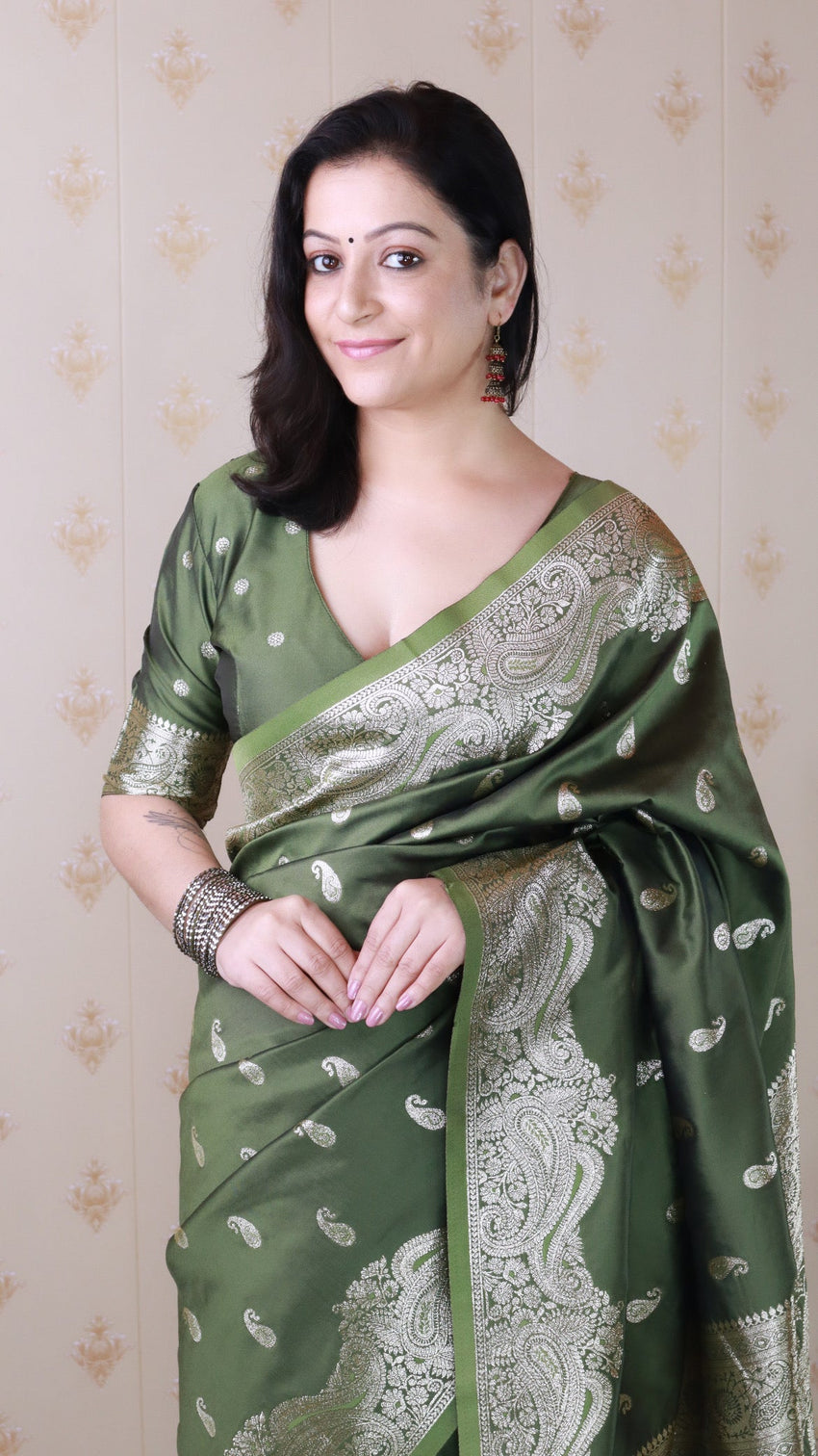 Mehendi green banarasi soft silk silver zari woven saree