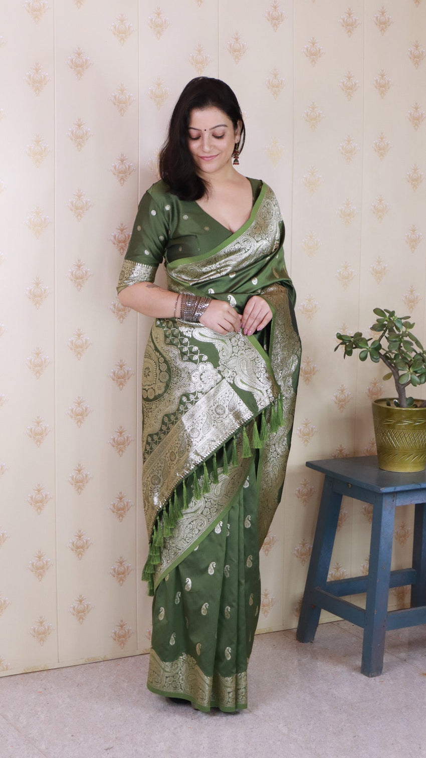 Mehendi green banarasi soft silk silver zari woven saree