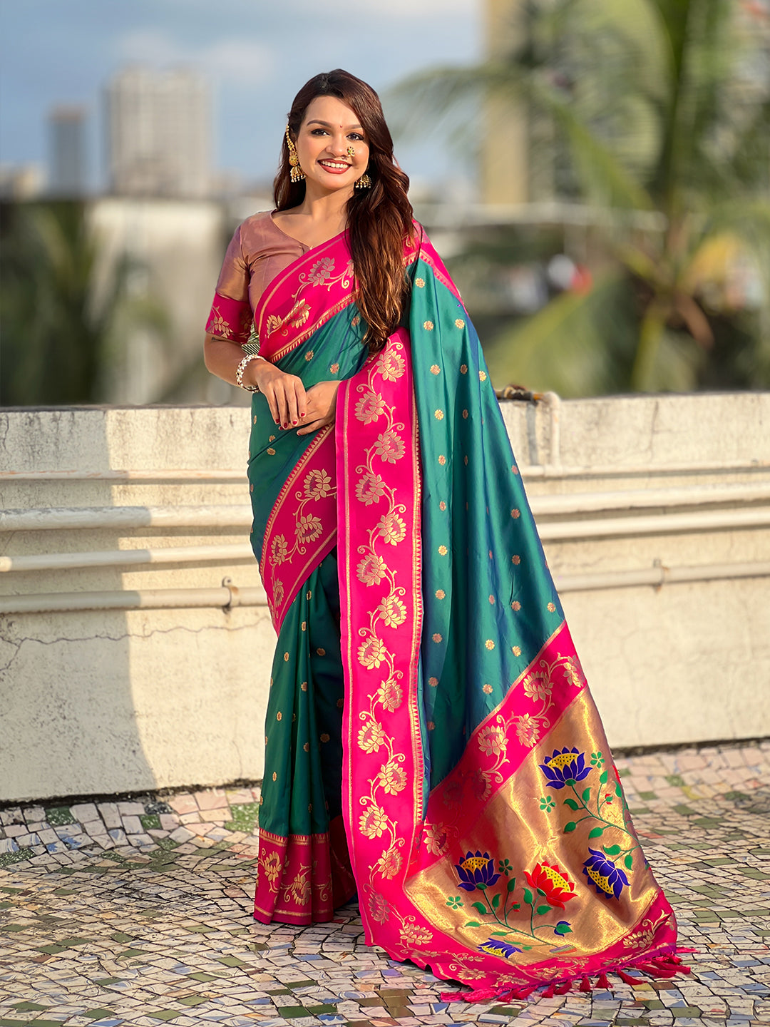 Green soft silk lotus paithani saree