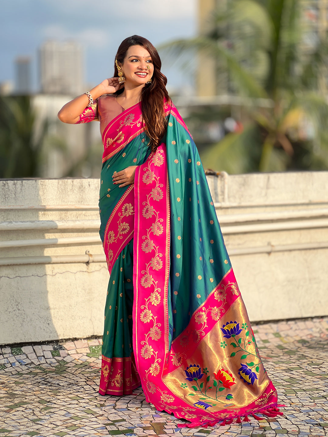 Green soft silk lotus paithani saree