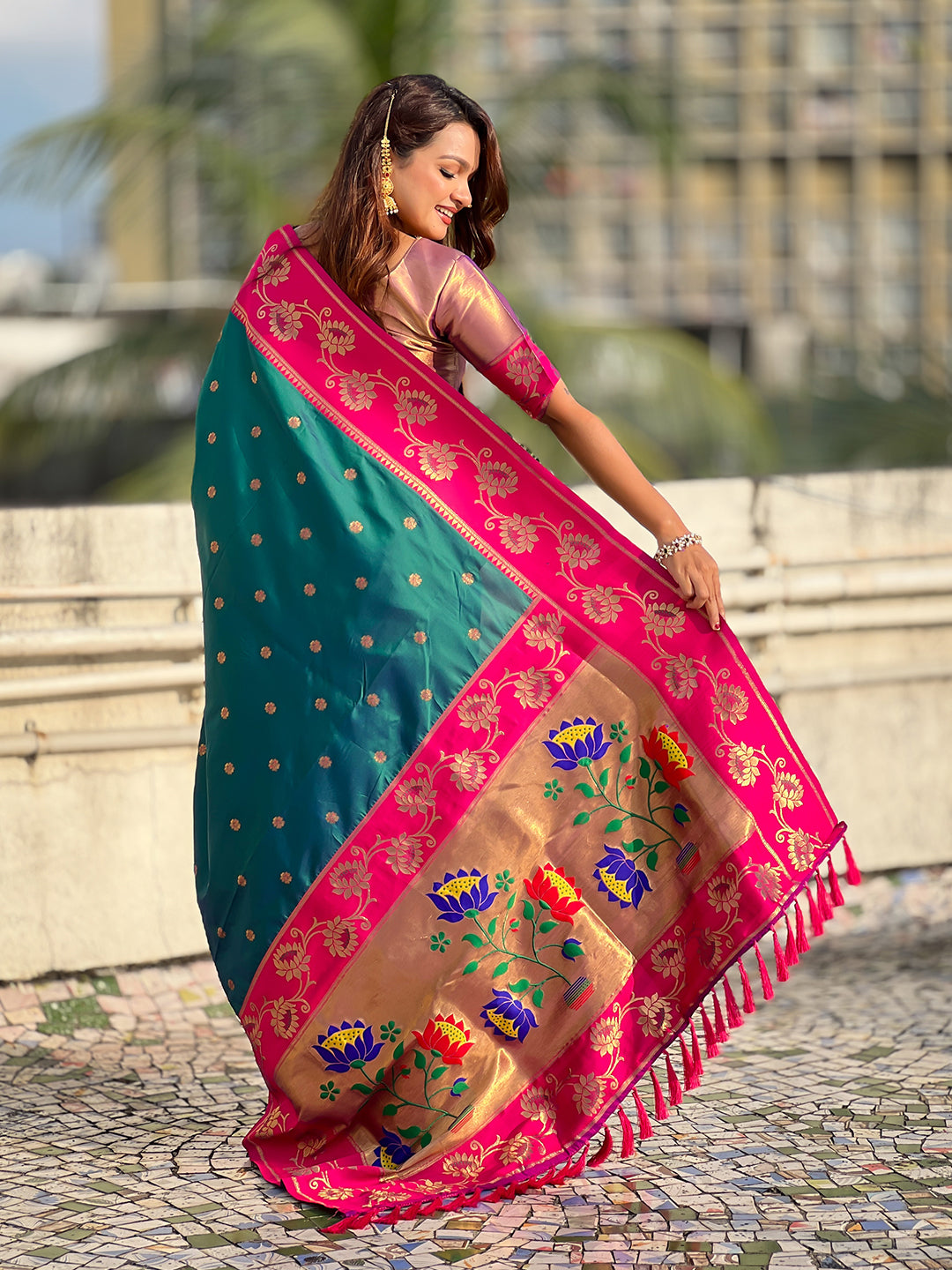 Green soft silk lotus paithani saree