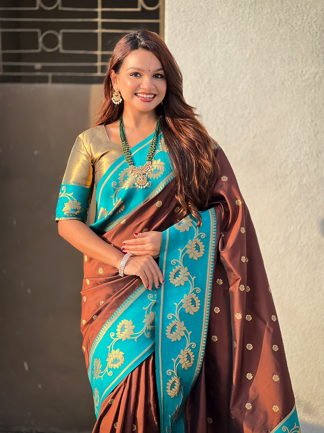 Coffee brown soft silk lotus paithani saree
