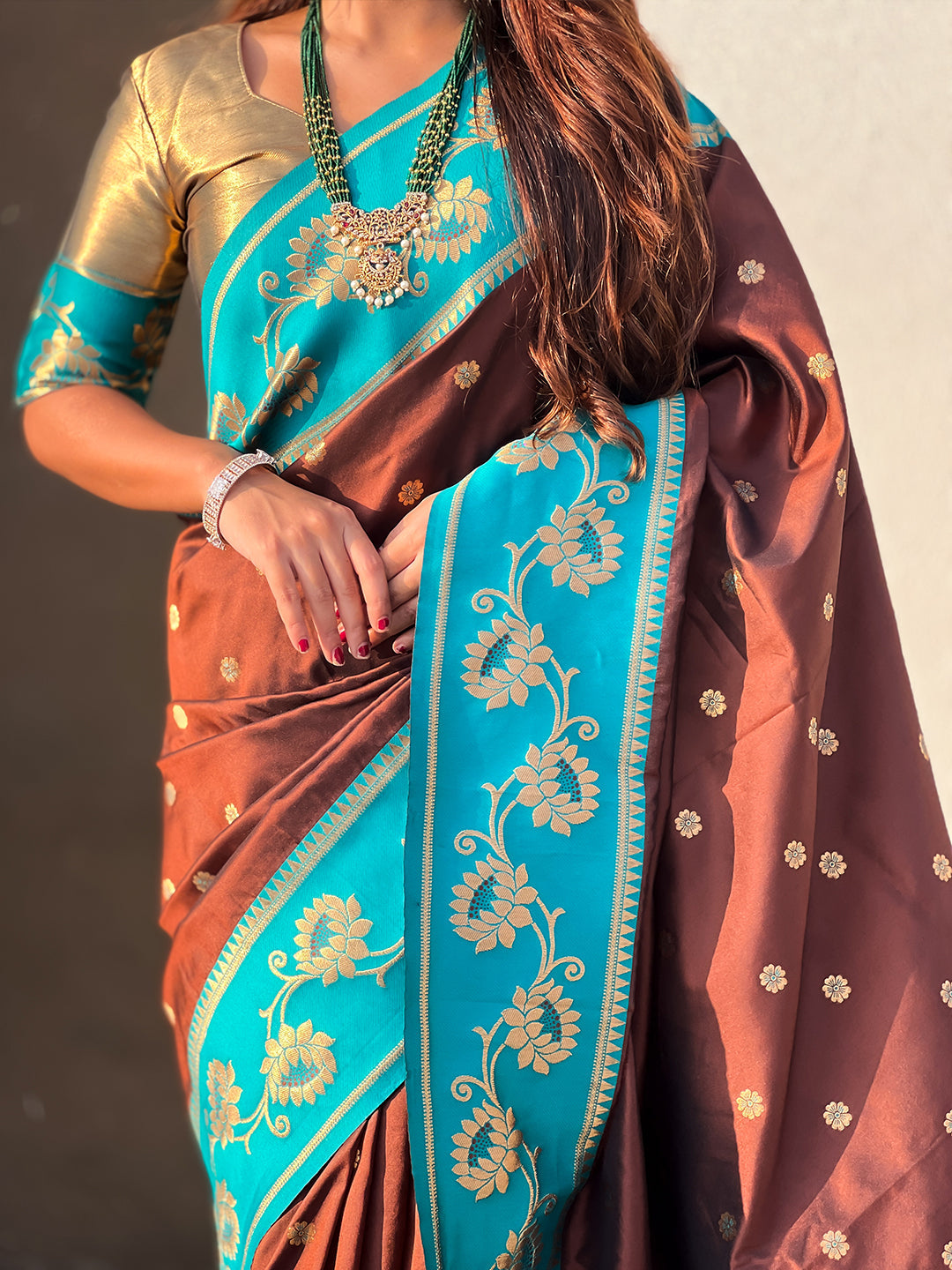 Coffee brown soft silk lotus paithani saree