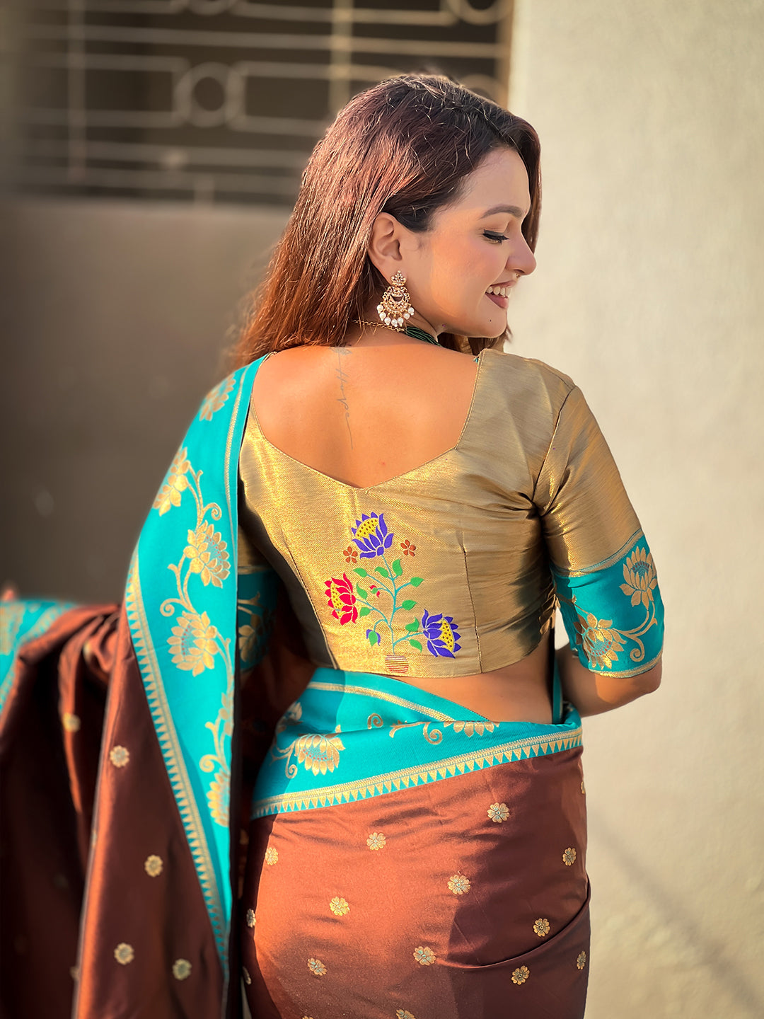 Coffee brown soft silk lotus paithani saree