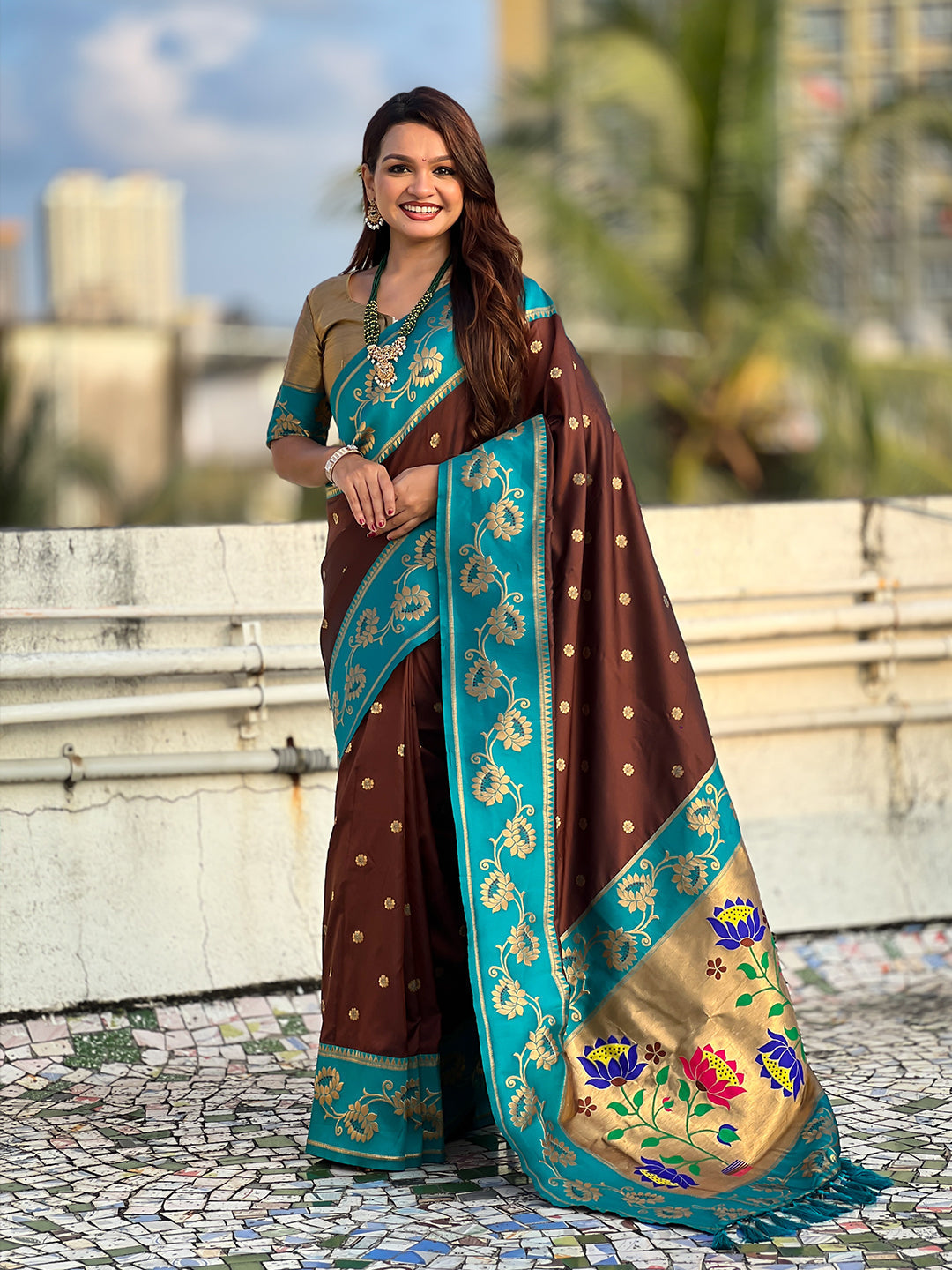 Coffee brown soft silk lotus paithani saree
