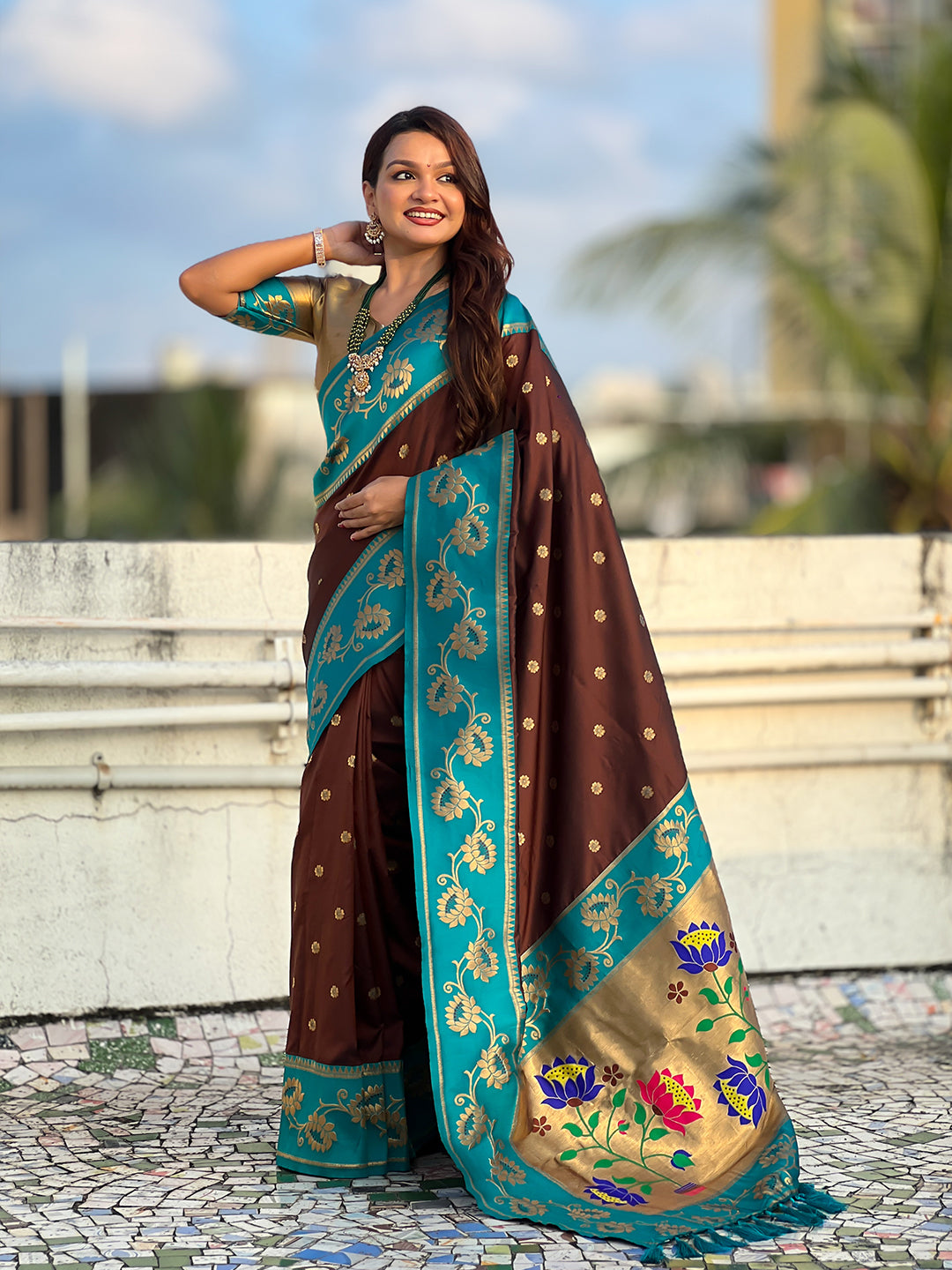 Coffee brown soft silk lotus paithani saree