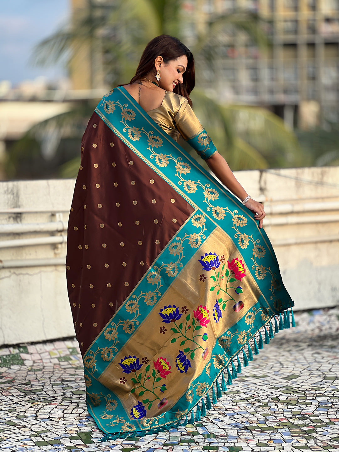 Coffee brown soft silk lotus paithani saree
