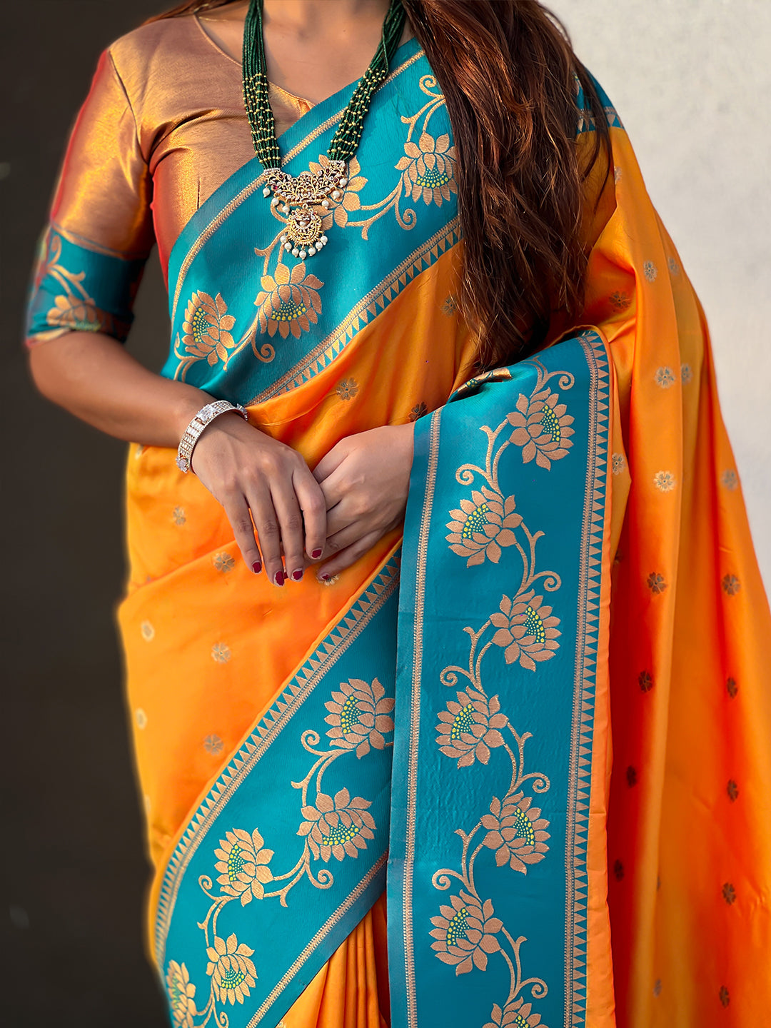 Orange soft silk lotus paithani saree