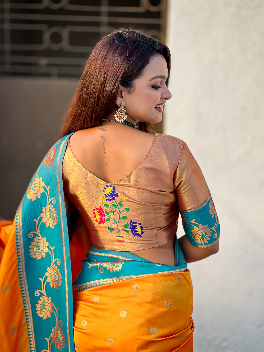 Orange soft silk lotus paithani saree