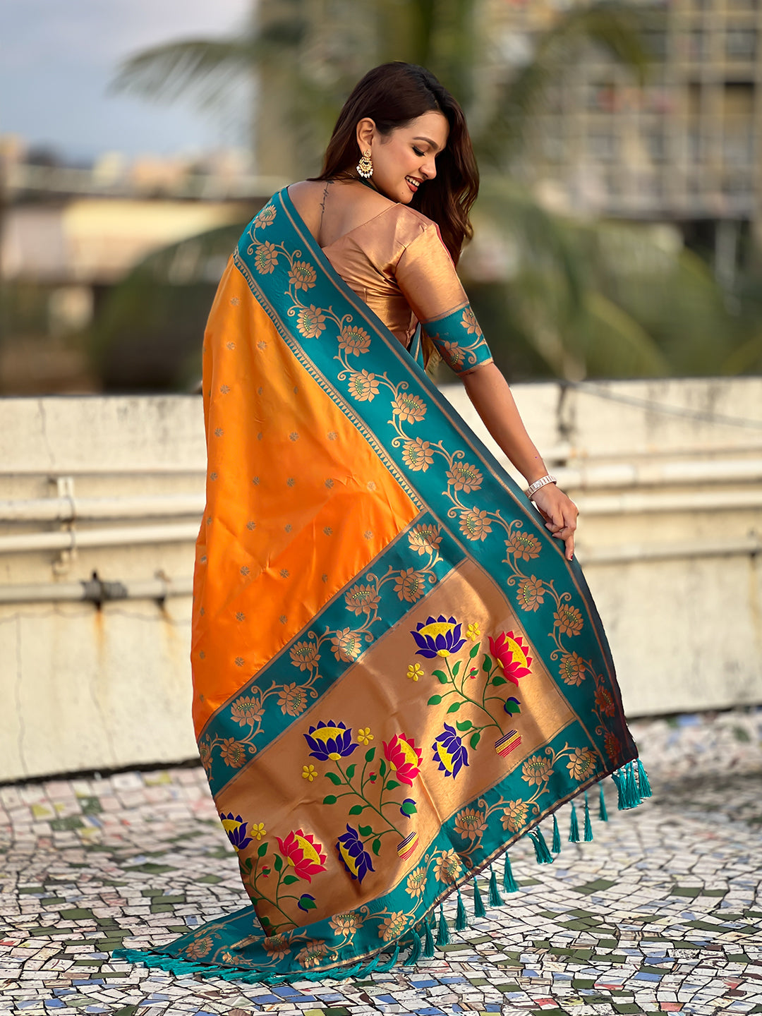 Orange soft silk lotus paithani saree
