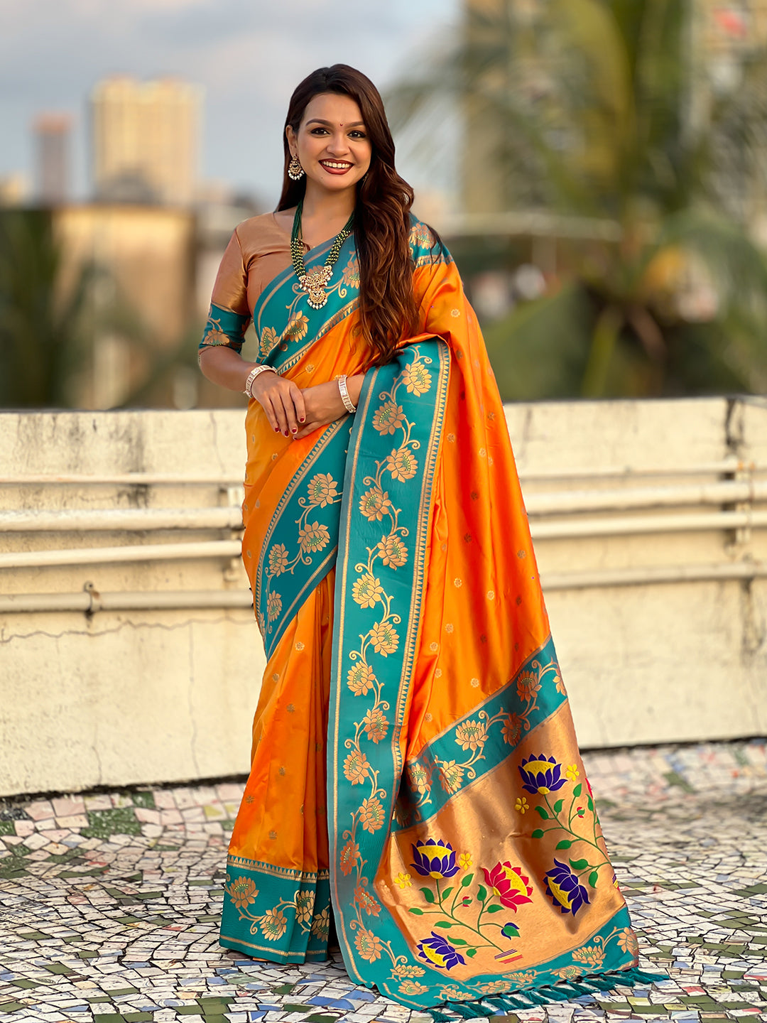 Orange soft silk lotus paithani saree