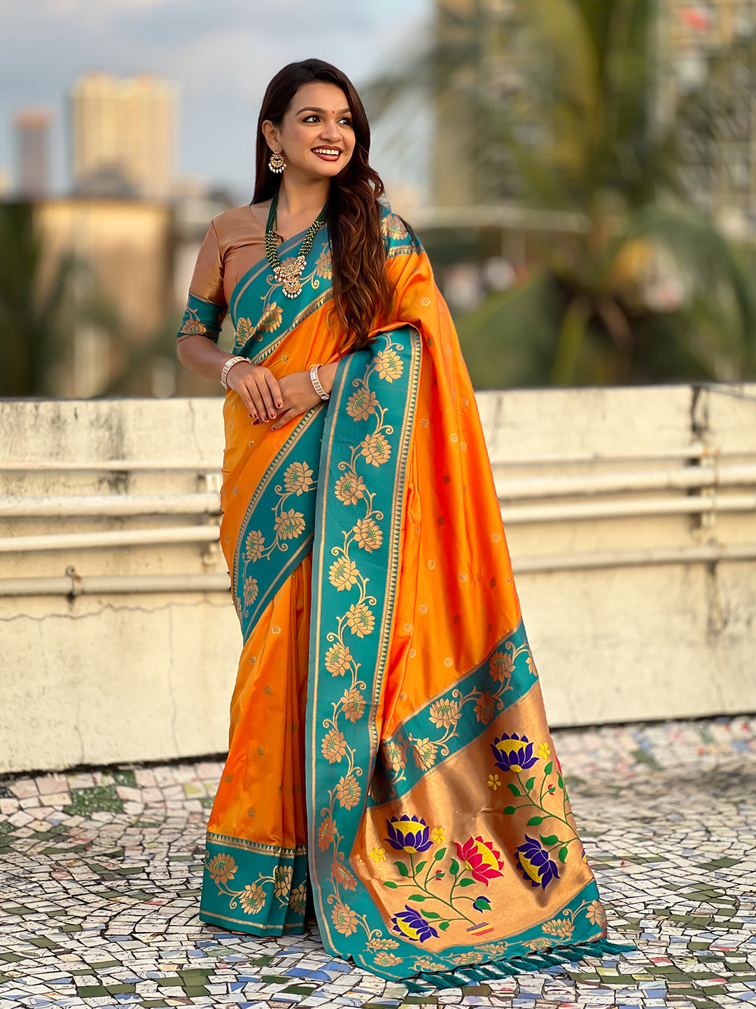 Orange soft silk lotus paithani saree