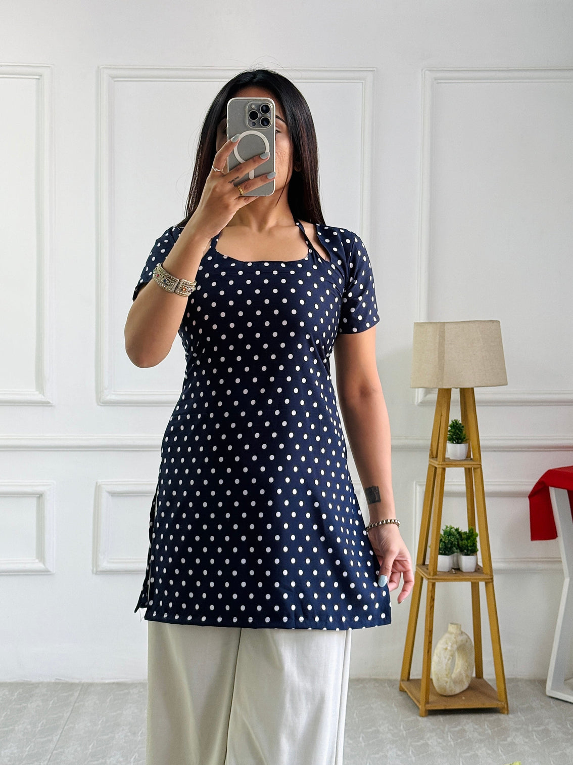 Classic navy polka dot multi wear tunic adjustable fit mameraa