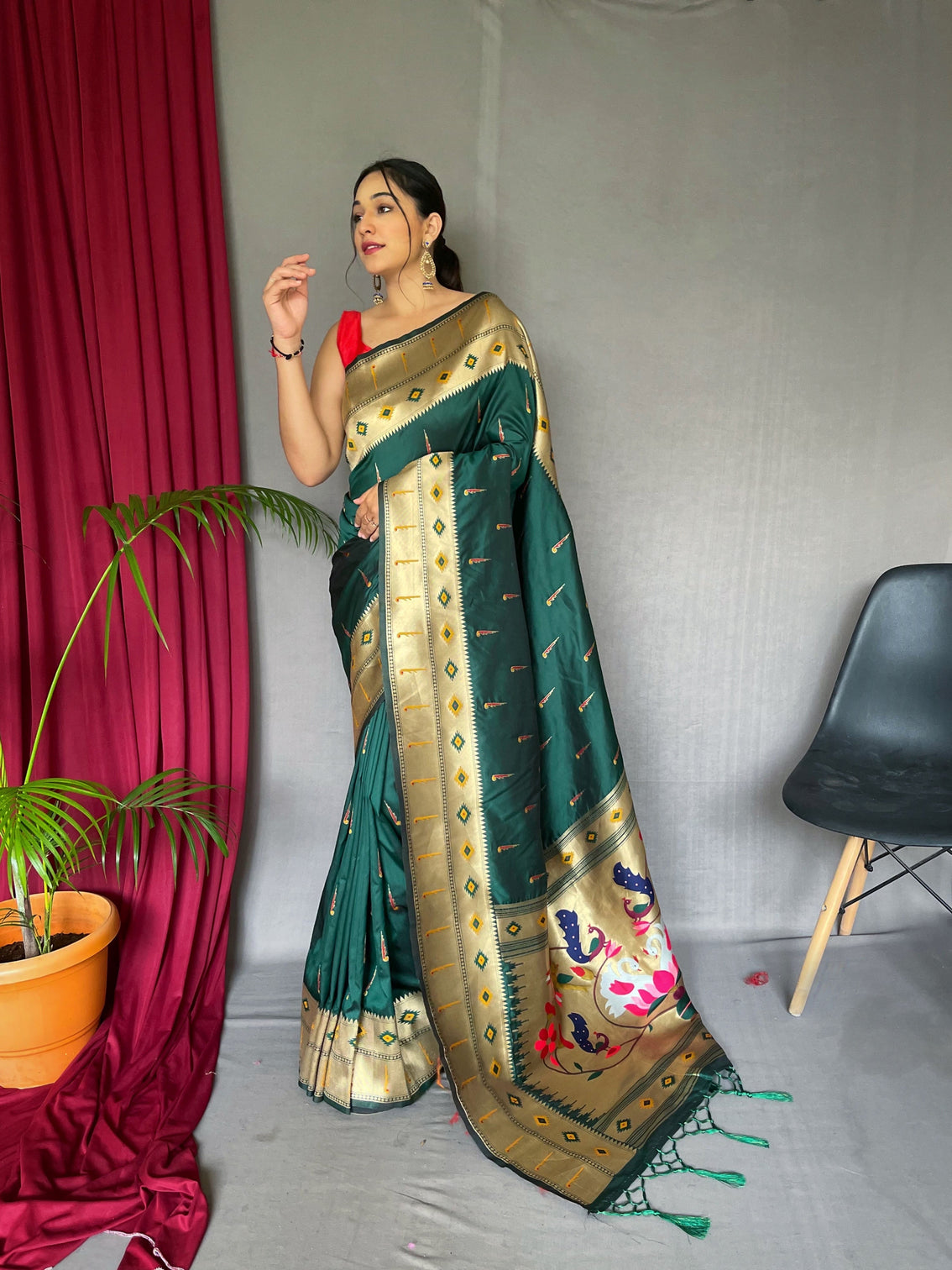 Green Pea Saree in Paithani Silk