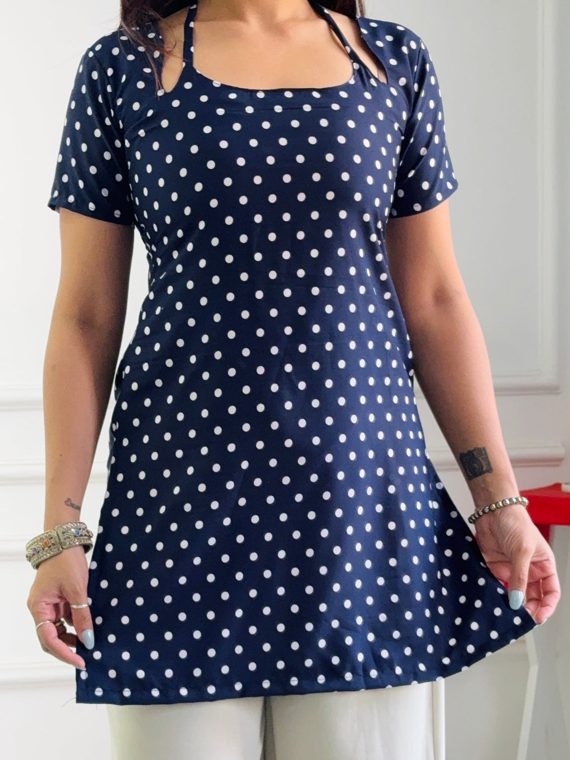 Classic navy polka dot multi wear tunic adjustable fit