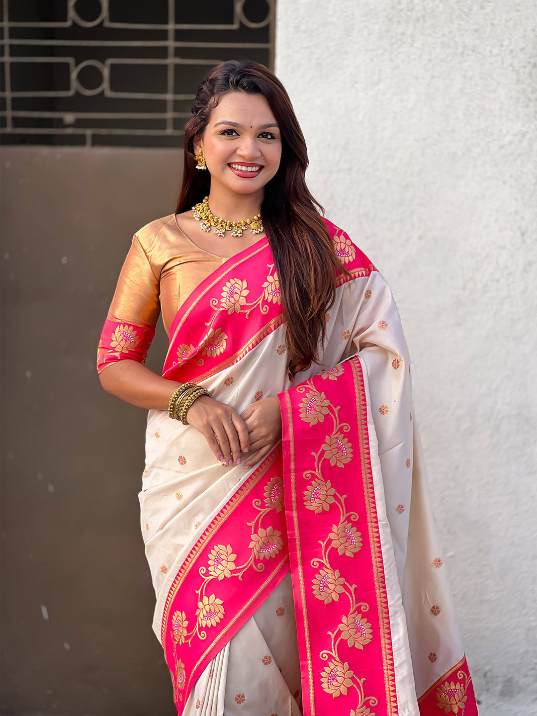 Cream soft silk lotus paithani saree