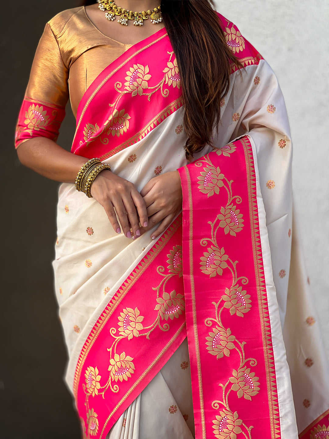 Cream soft silk lotus paithani saree