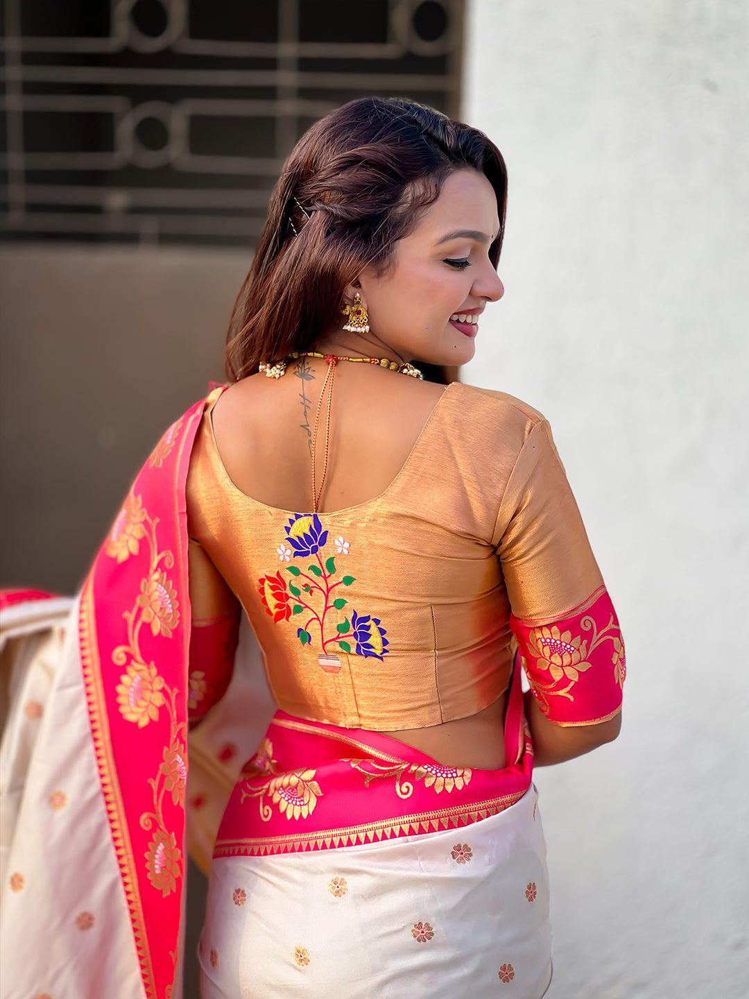Cream soft silk lotus paithani saree