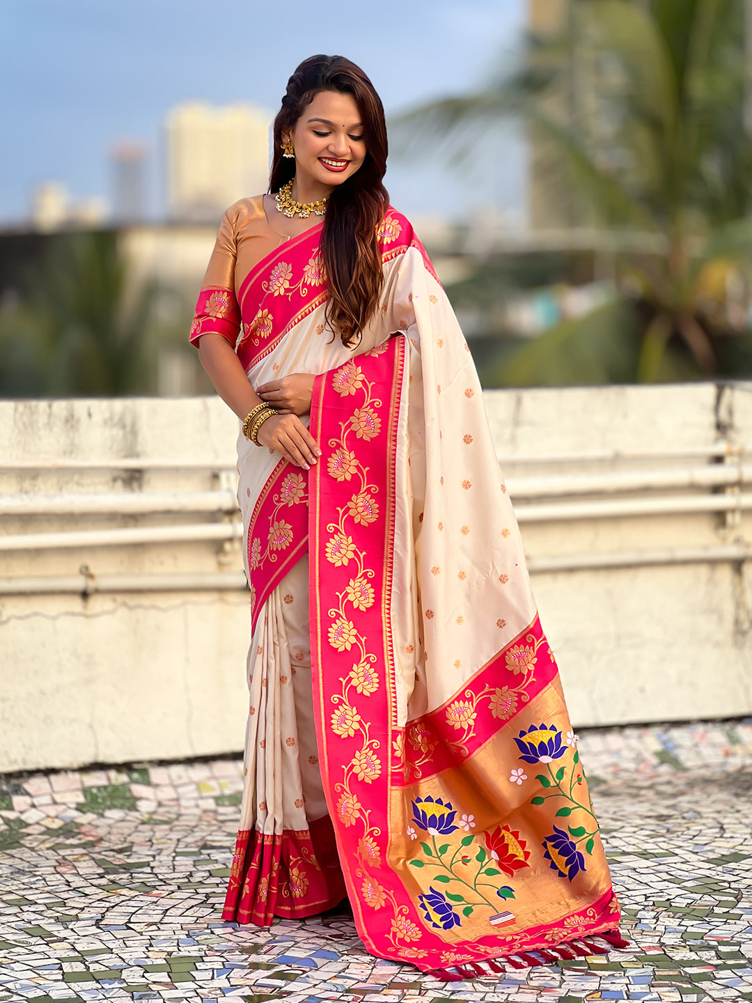 Cream soft silk lotus paithani saree