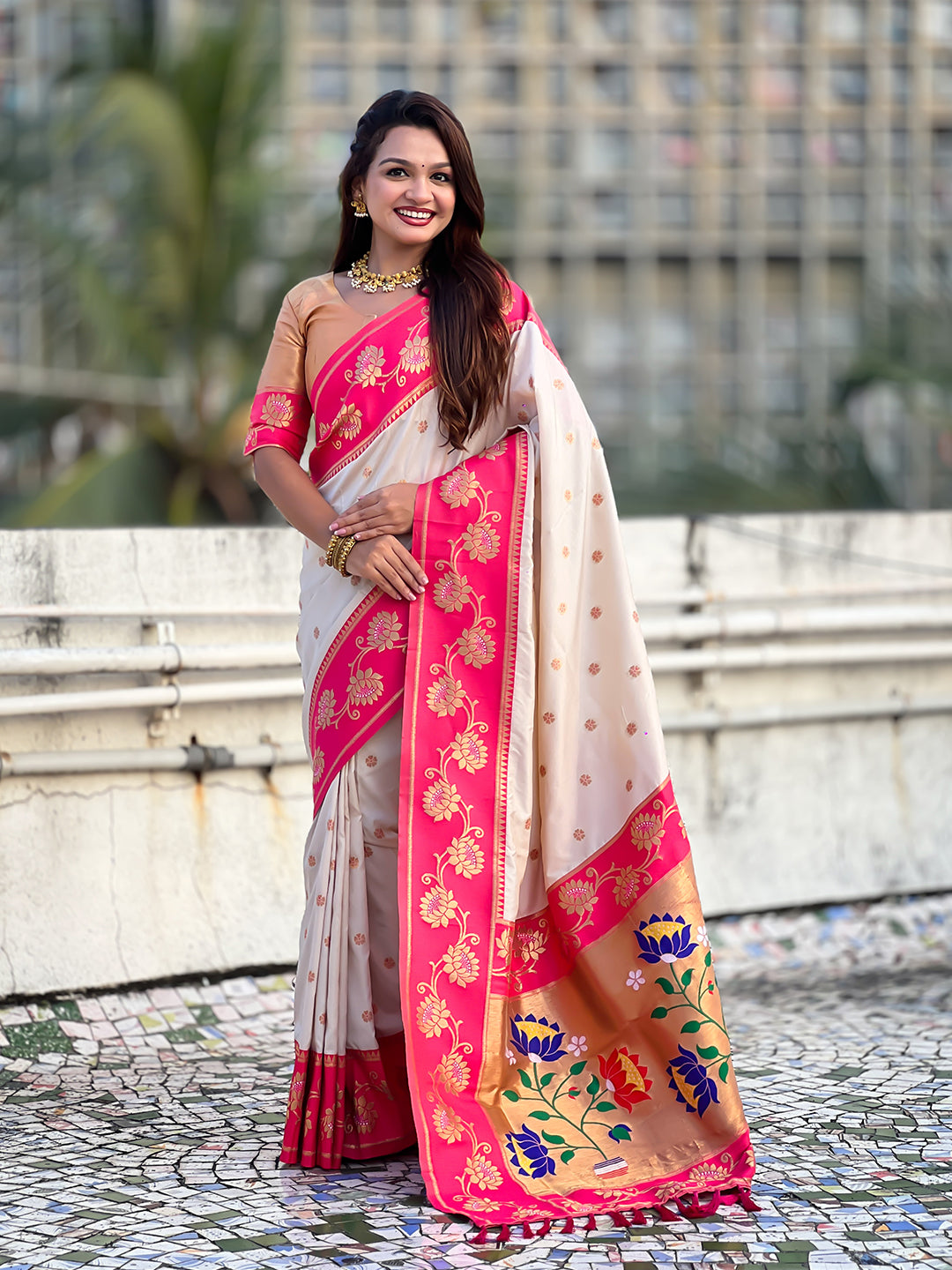 Cream soft silk lotus paithani saree
