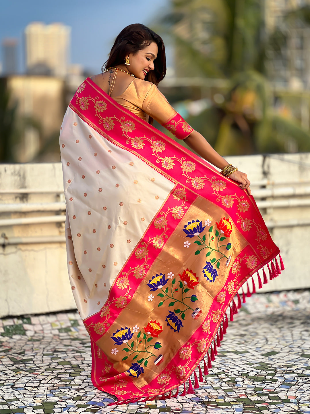 Cream soft silk lotus paithani saree