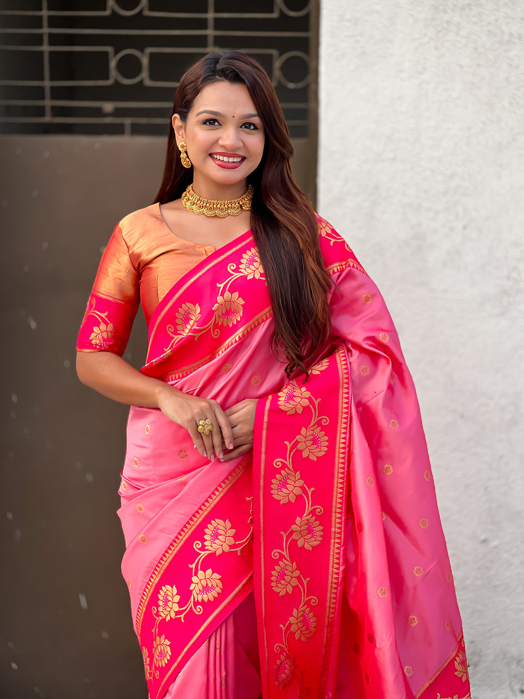 Baby pink soft silk lotus paithani saree