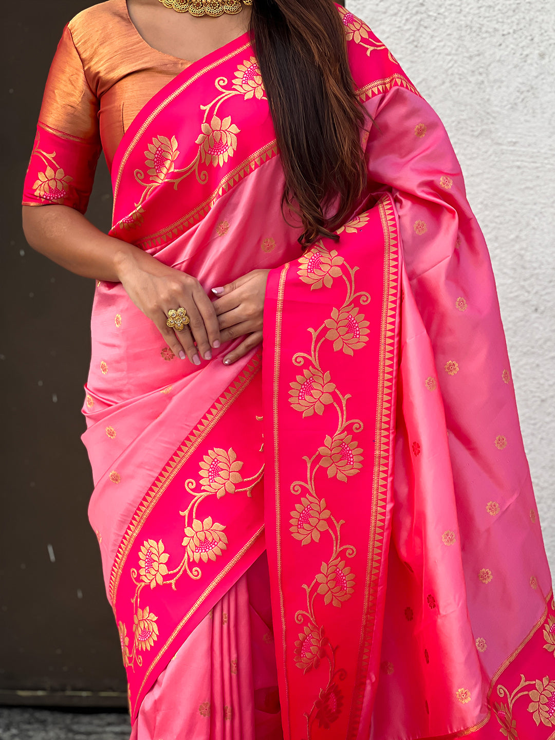 Baby pink soft silk lotus paithani saree